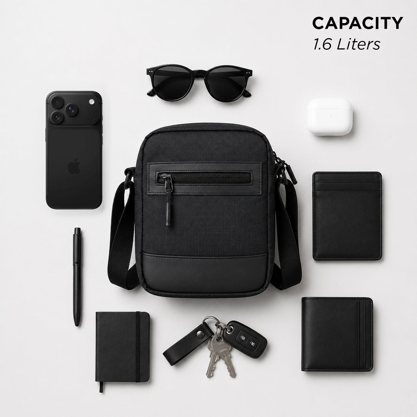 Tomi Sling Bag – 1.6L Black Polyester & Vegan Leather Crossbody Bag for Travel & Daily Use