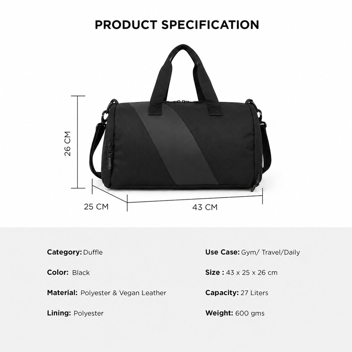 Tucsan Duffle Black – 27L Gym, Travel & Daily Duffle Bag with Shoe Compartment