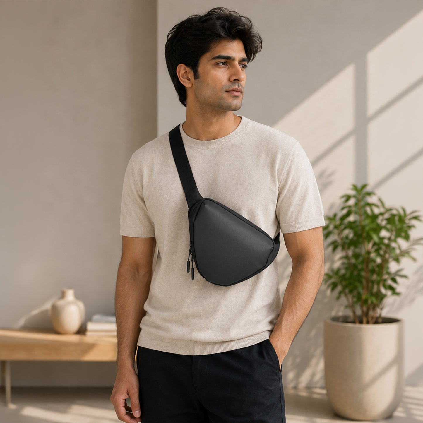 Anglar Crossbody Bag – 1.5L Black Polyester & Vegan Leather Sling Bag for Travel & Daily Use