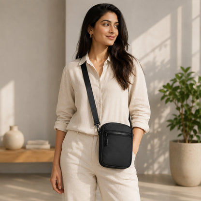 Bloc Sling Bag – 1.5L Black Vegan Leather Travel & Daily Sling Bag