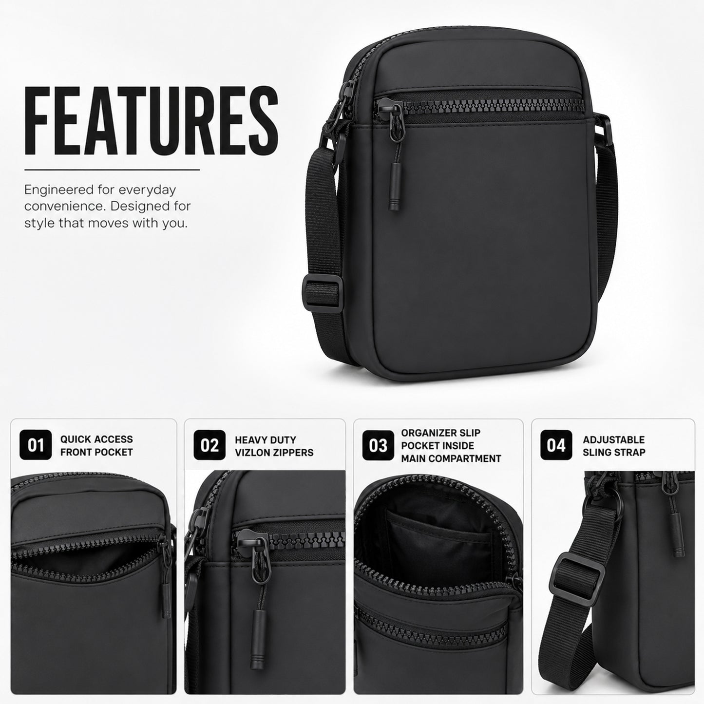 Bloc Sling Bag – 1.5L Black Vegan Leather Travel & Daily Sling Bag