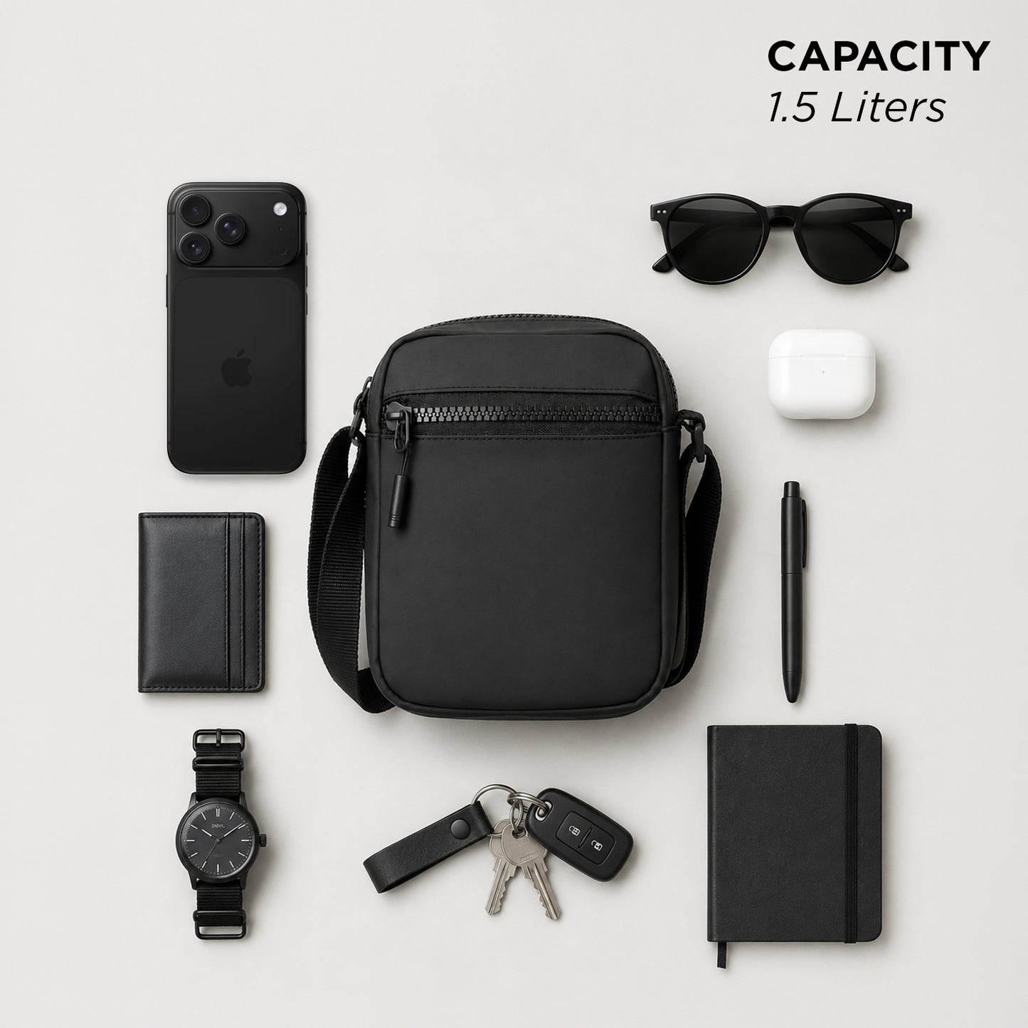 Bloc Sling Bag – 1.5L Black Vegan Leather Travel & Daily Sling Bag