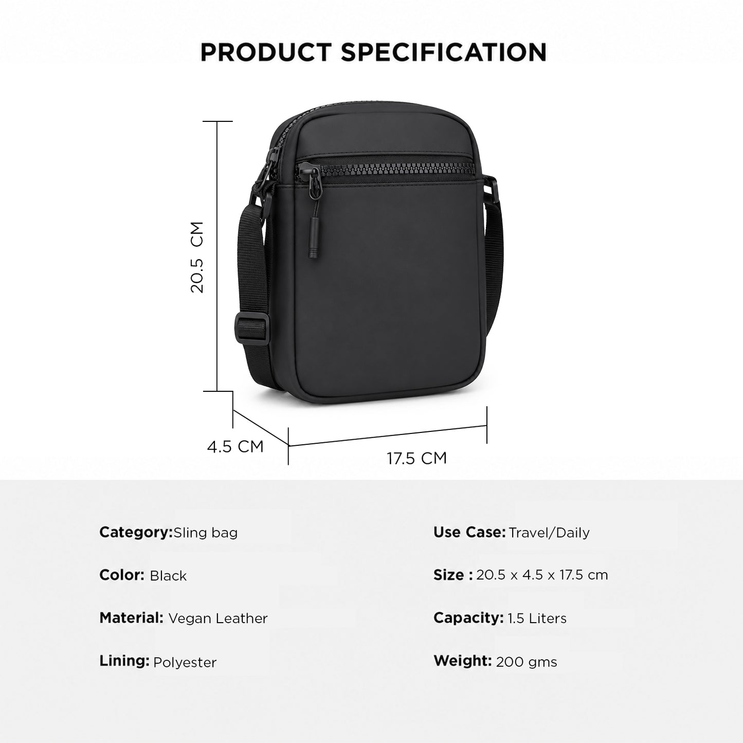 Bloc Sling Bag – 1.5L Black Vegan Leather Travel & Daily Sling Bag