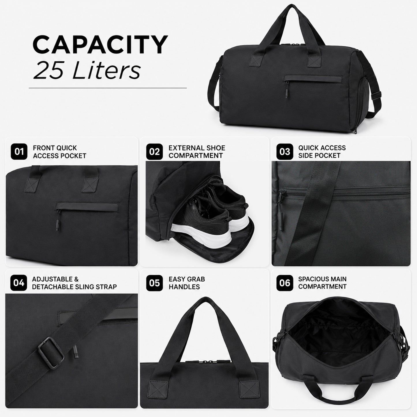 Blocr Duffle Bag – 25L Black Gym, Travel & Daily Duffle Bag with Shoe Compartment