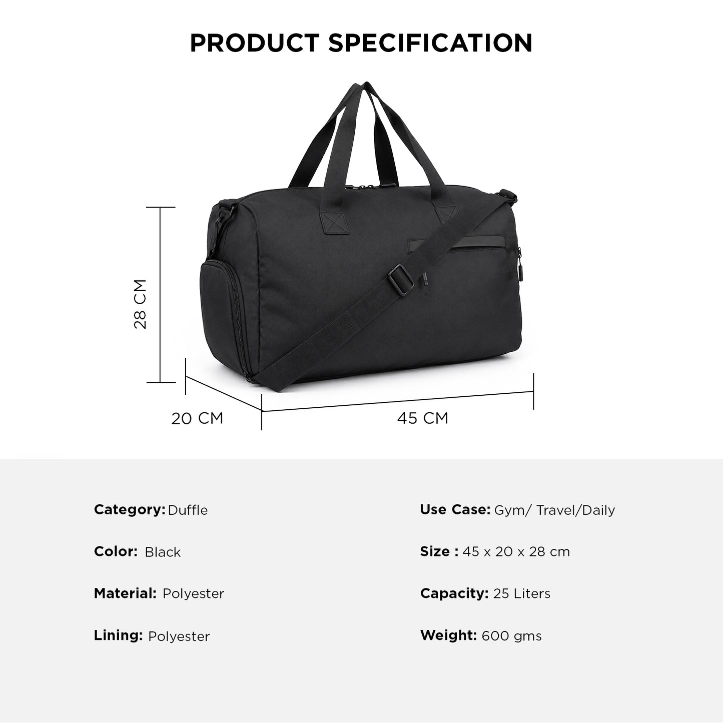 Blocr Duffle Bag – 25L Black Gym, Travel & Daily Duffle Bag with Shoe Compartment