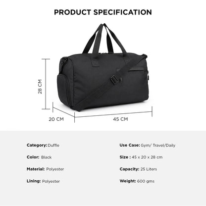 Blocr Duffle Bag – 25L Black Gym, Travel & Daily Duffle Bag with Shoe Compartment