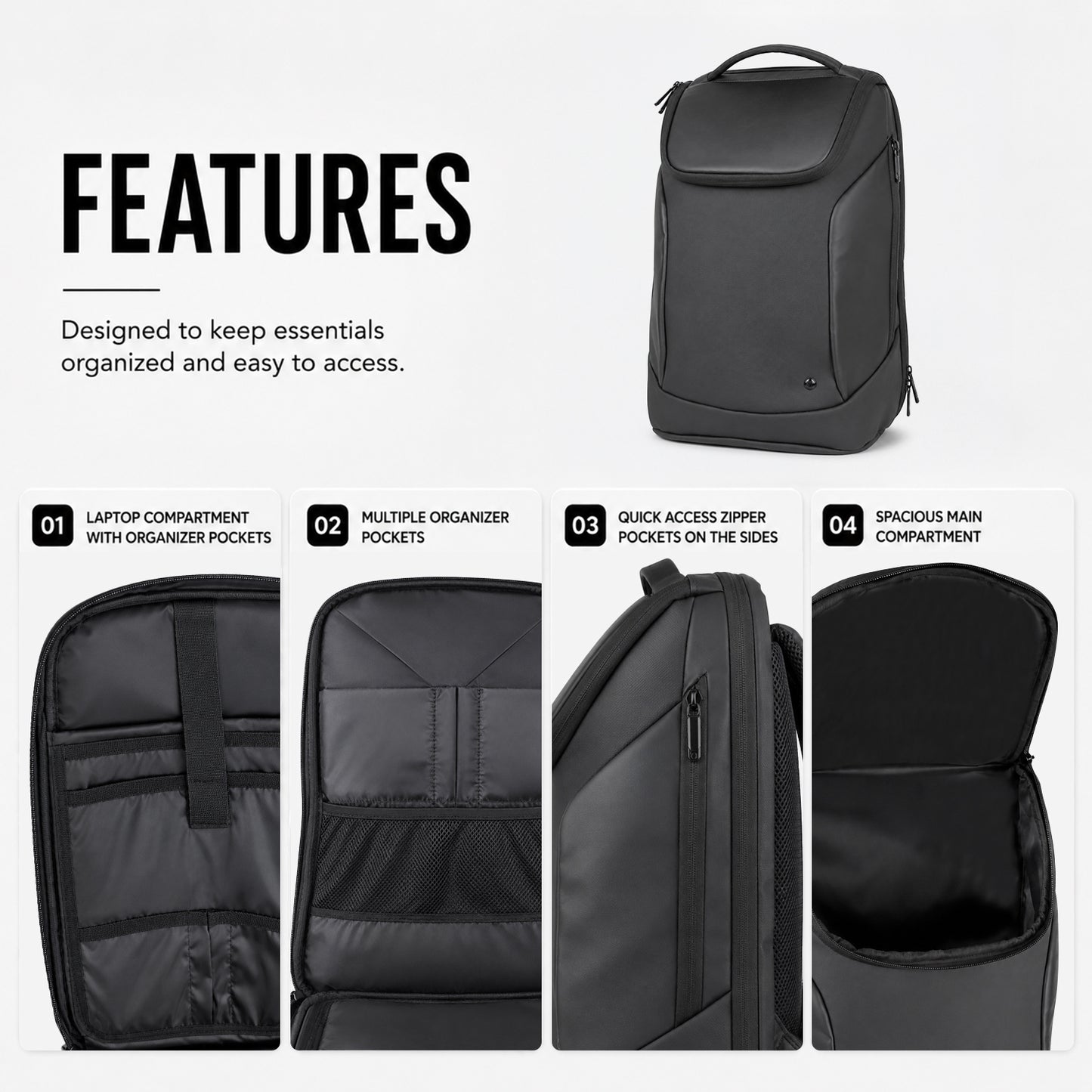 Kurv Backpack – 20L Black Vegan Leather Laptop Backpack for Office & Daily Use