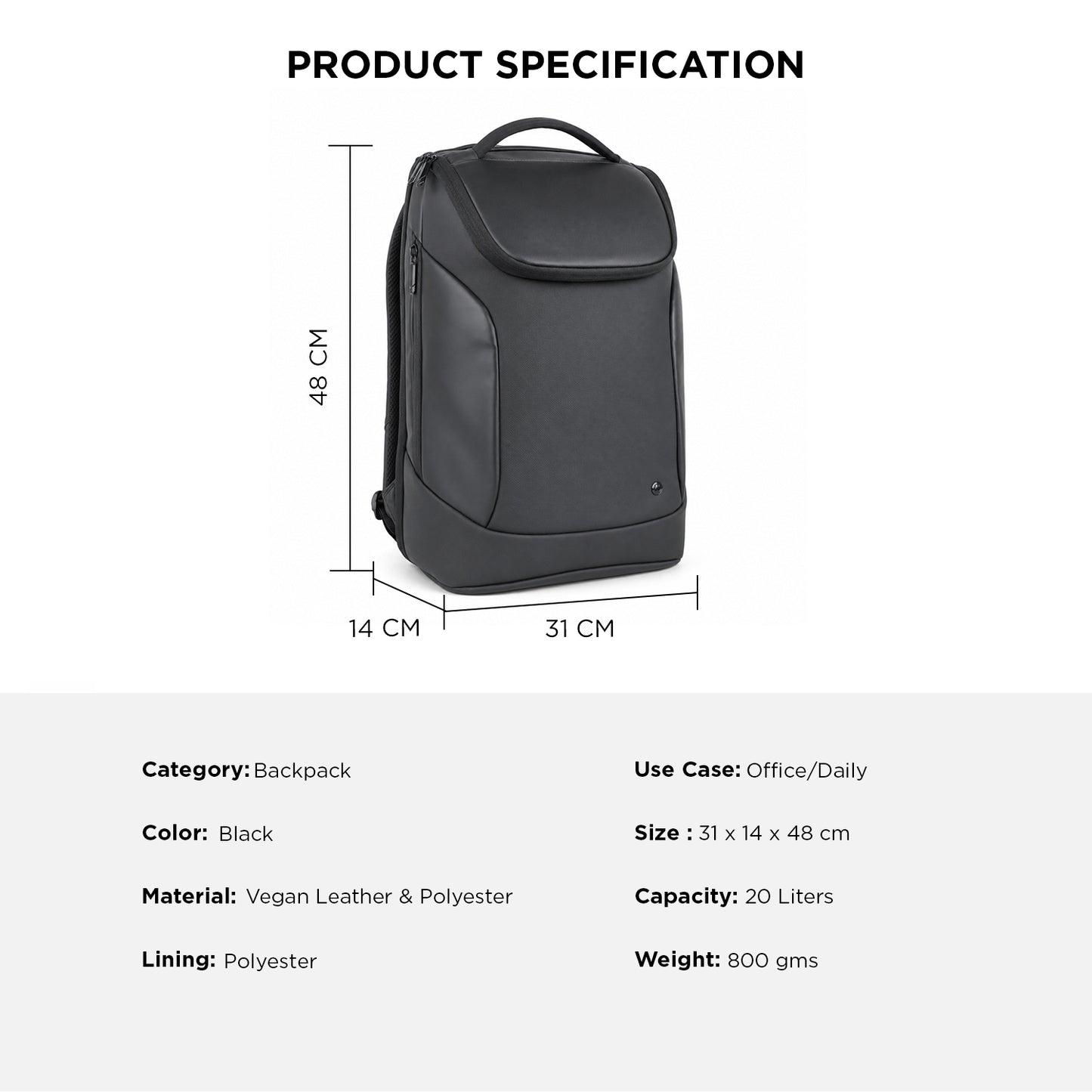 Kurv Backpack – 20L Black Vegan Leather Laptop Backpack for Office & Daily Use