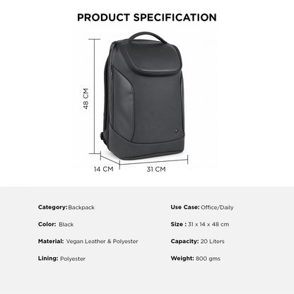 Kurv Backpack – 20L Black Vegan Leather Laptop Backpack for Office & Daily Use