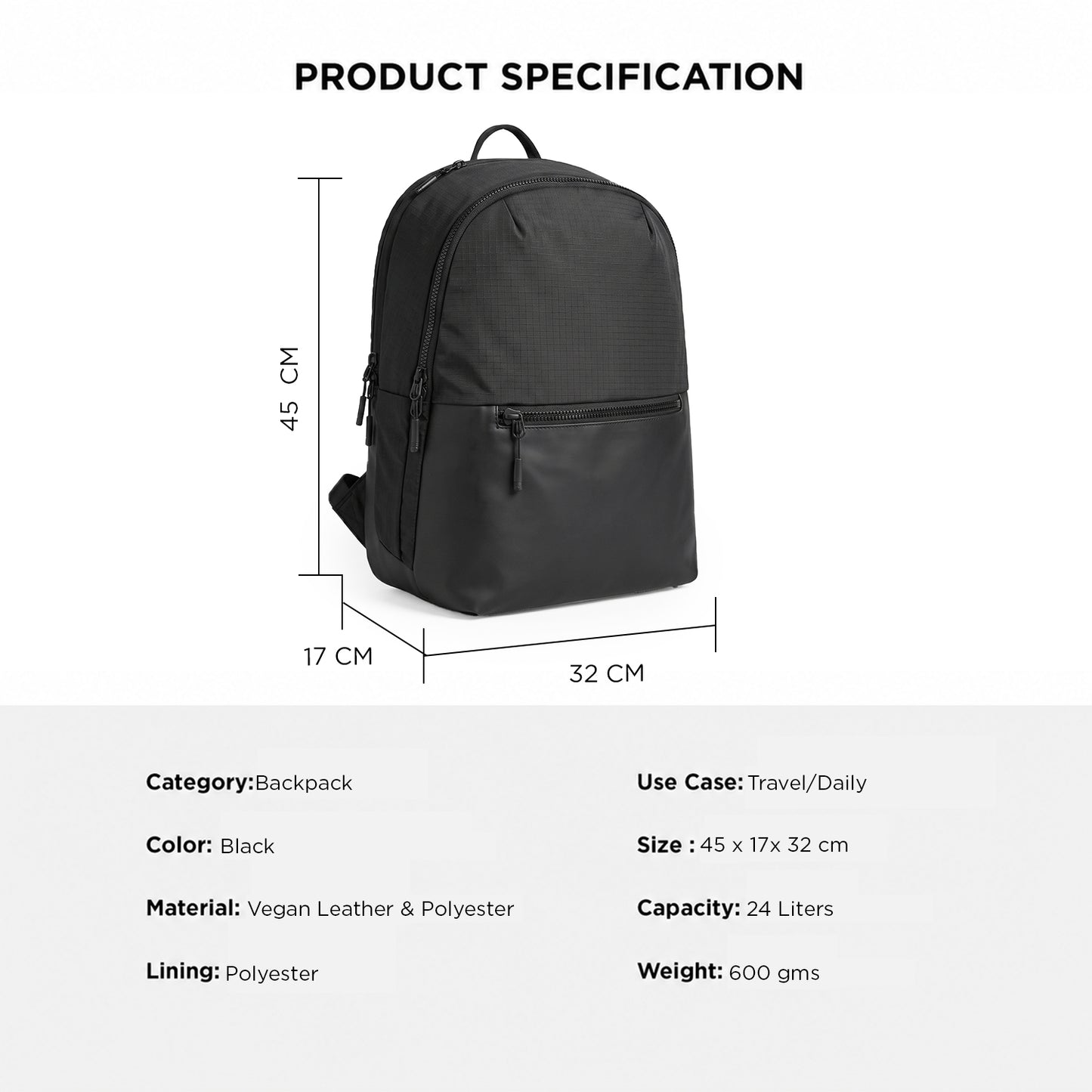 Mhawk Backpack – 24L Black Office & Travel Backpack with Laptop Compartment, Organizer Pockets, Side Zipper Pocket & Trolley Sleeve