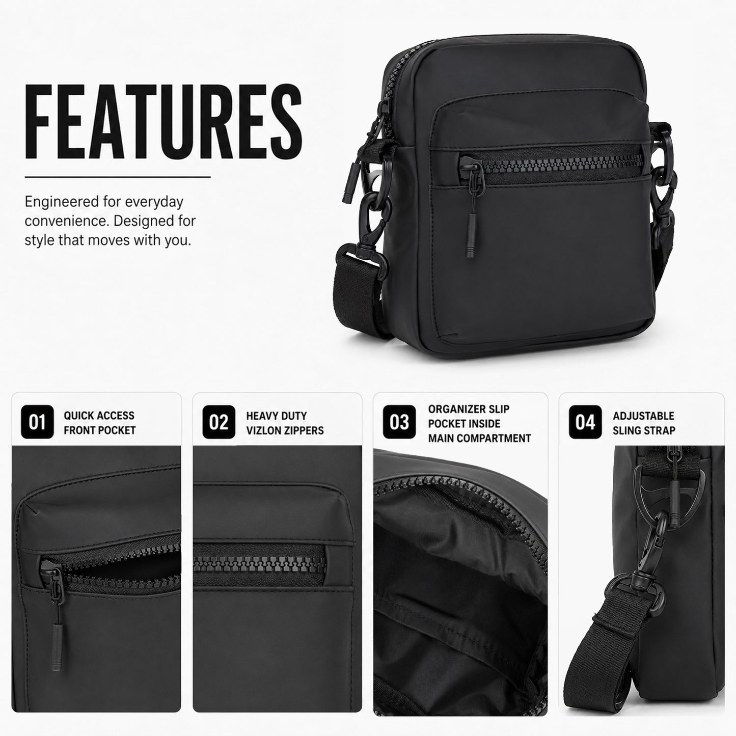 Noma Black Sling Bag – 2L Vegan Leather Travel & Daily Sling Bag
