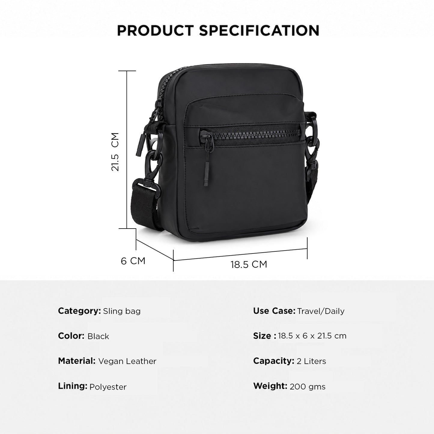 Noma Black Sling Bag – 2L Vegan Leather Travel & Daily Sling Bag