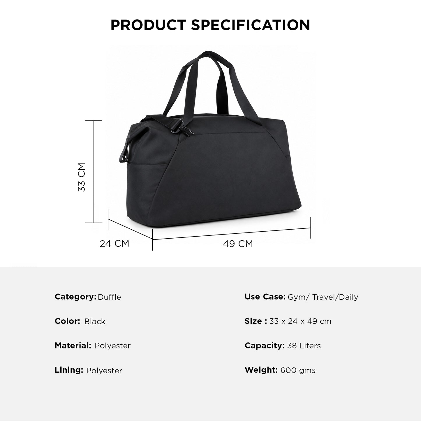 Swingg Duffle Bag – 38L Black Polyester Gym, Travel & Daily Duffle Bag