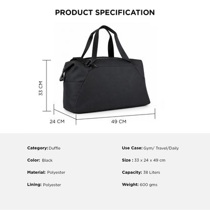 Swingg Duffle Bag – 38L Black Polyester Gym, Travel & Daily Duffle Bag