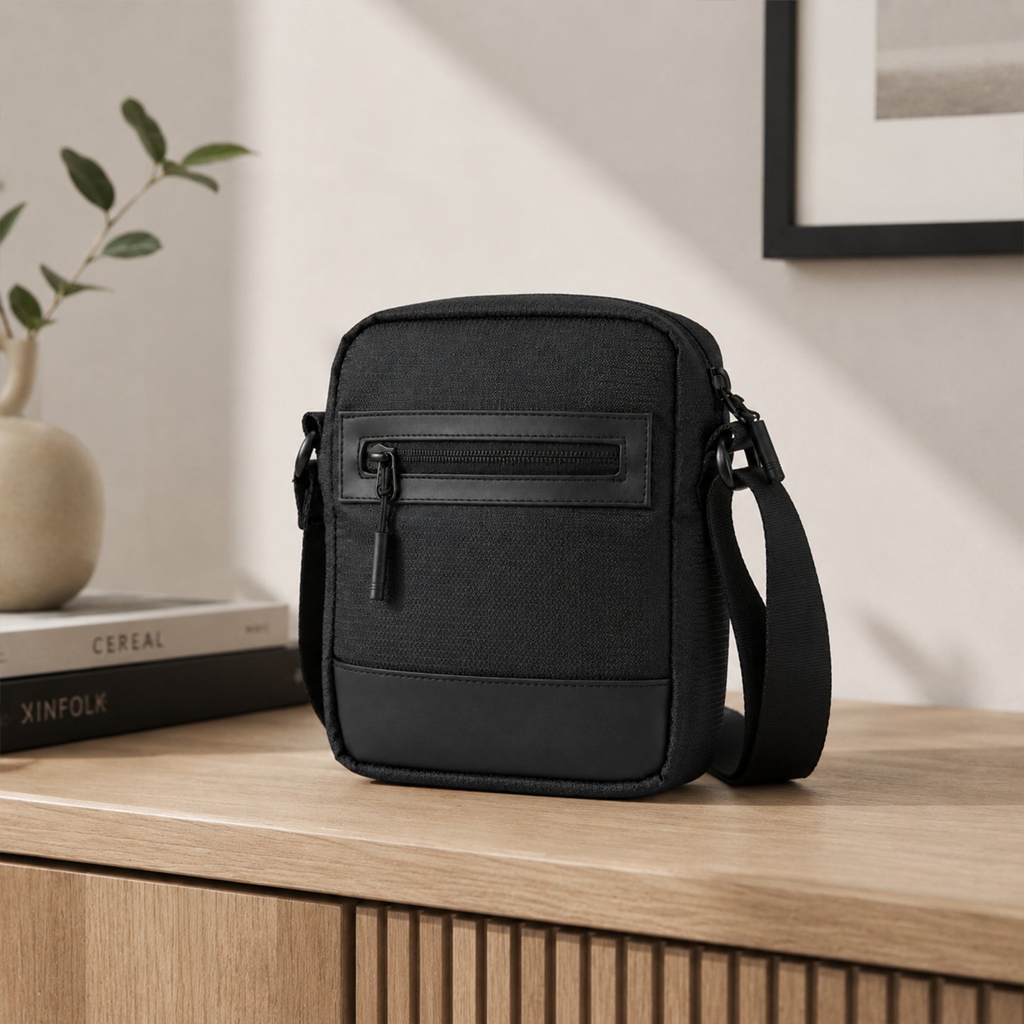 Tomi Sling Bag – 1.6L Black Polyester & Vegan Leather Crossbody Bag for Travel & Daily Use