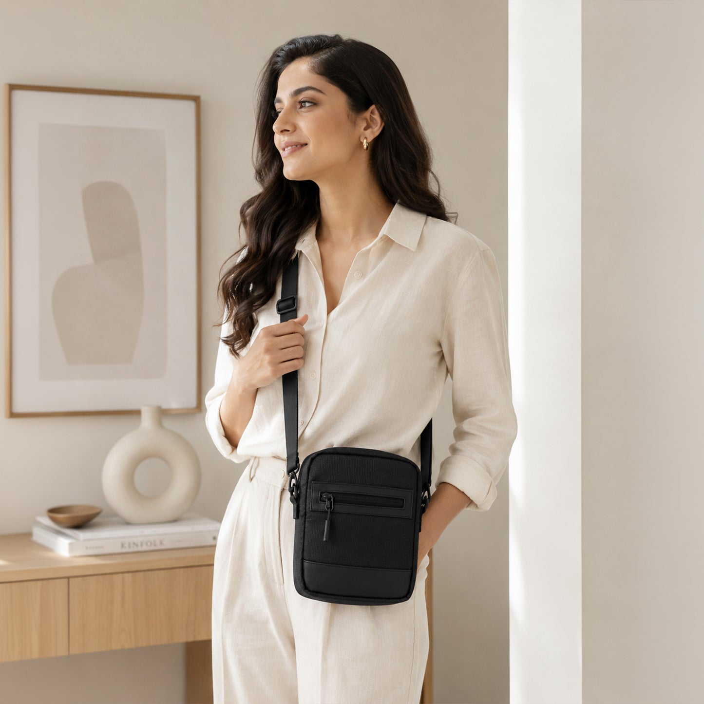 Tomi Sling Bag – 1.6L Black Polyester & Vegan Leather Crossbody Bag for Travel & Daily Use