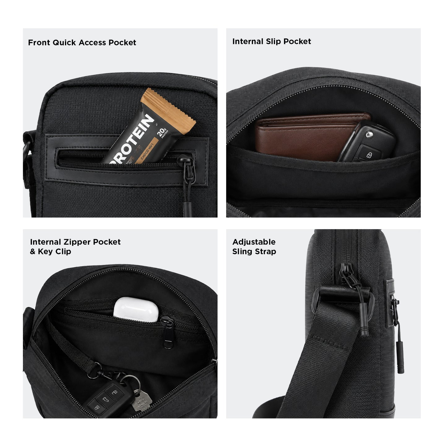 Tomi Sling Bag – 1.6L Black Polyester & Vegan Leather Crossbody Bag for Travel & Daily Use