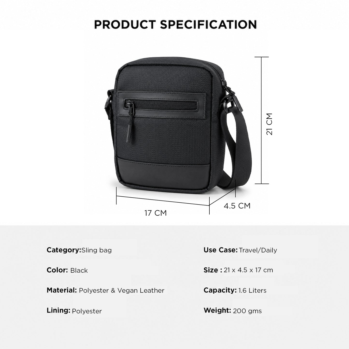 Tomi Sling Bag – 1.6L Black Polyester & Vegan Leather Crossbody Bag for Travel & Daily Use