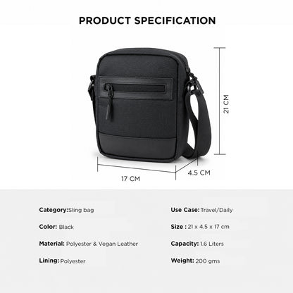 Tomi Sling Bag – 1.6L Black Polyester & Vegan Leather Crossbody Bag for Travel & Daily Use