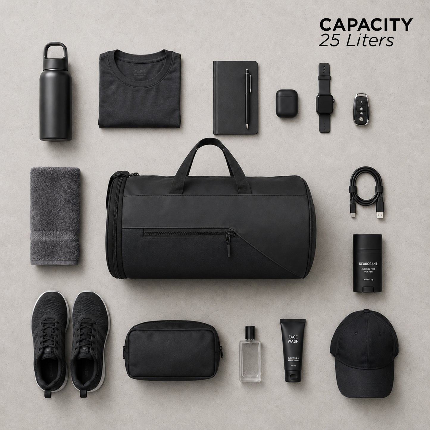 Trigr Duffle Bag – 25L Black Gym & Travel Duffle Bag with Shoe Compartment