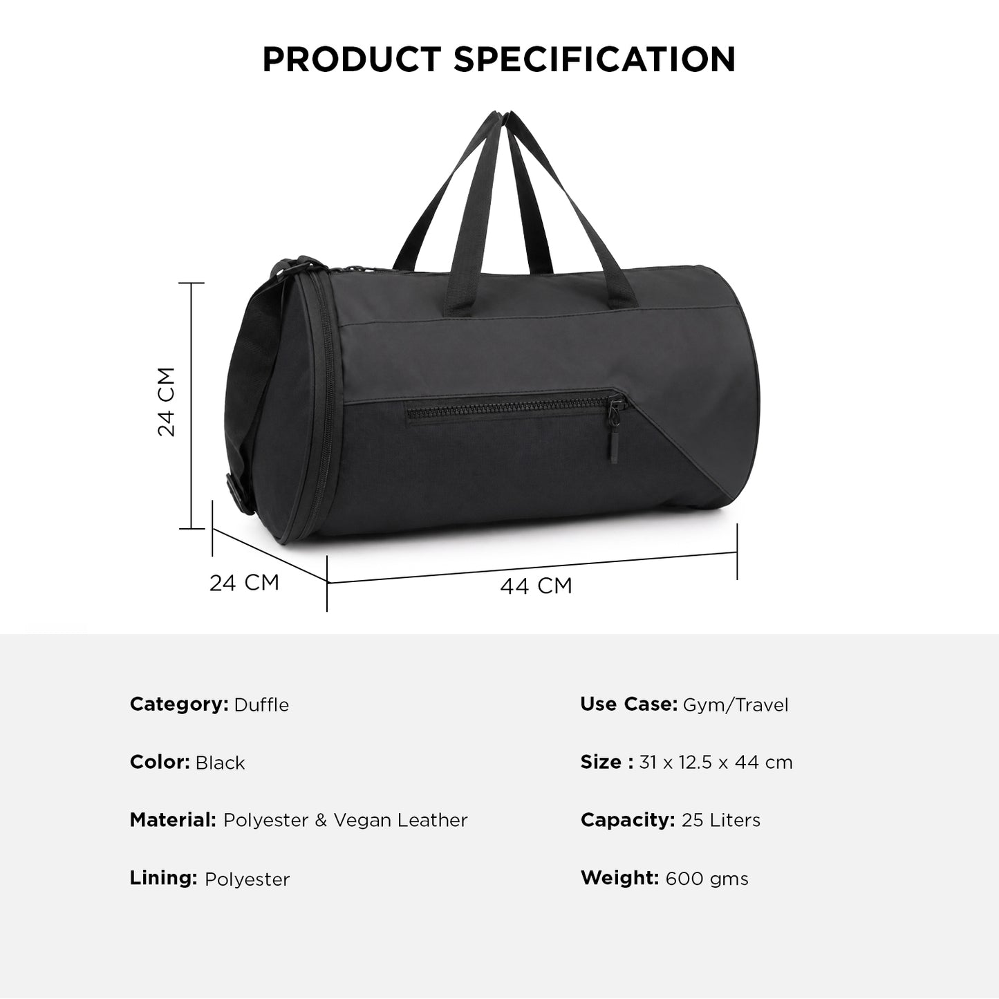 Trigr Duffle Bag – 25L Black Gym & Travel Duffle Bag with Shoe Compartment