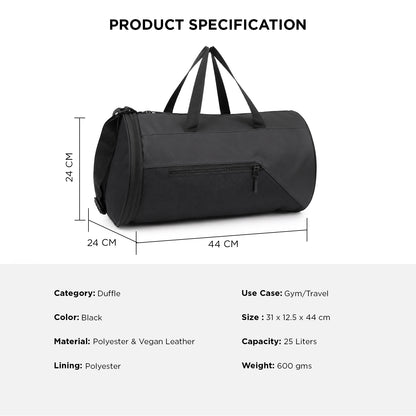 Trigr Duffle Bag – 25L Black Gym & Travel Duffle Bag with Shoe Compartment