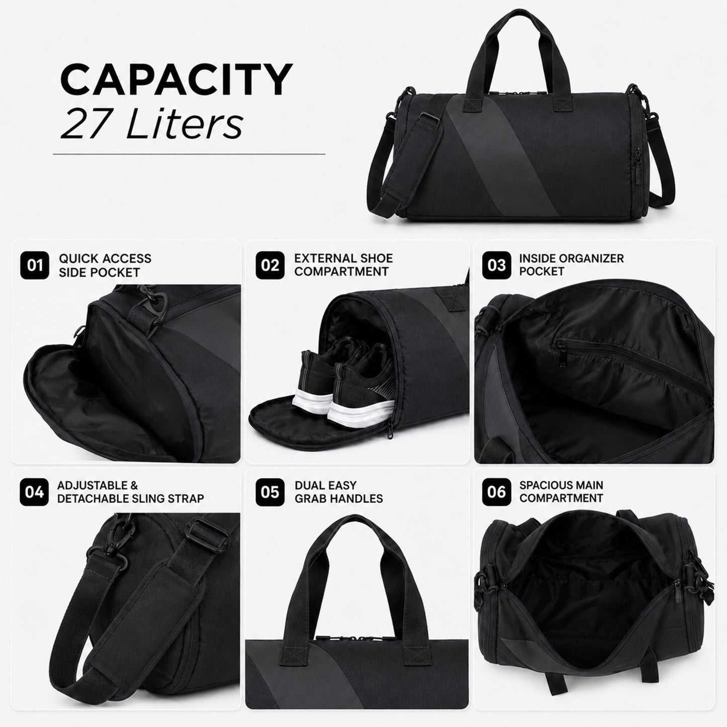 Tucsan Duffle Black – 27L Gym, Travel & Daily Duffle Bag with Shoe Compartment