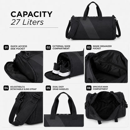 Tucsan Duffle Black – 27L Gym, Travel & Daily Duffle Bag with Shoe Compartment