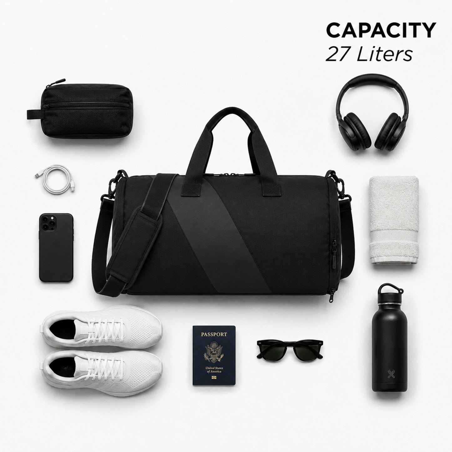 Tucsan Duffle Black – 27L Gym, Travel & Daily Duffle Bag with Shoe Compartment