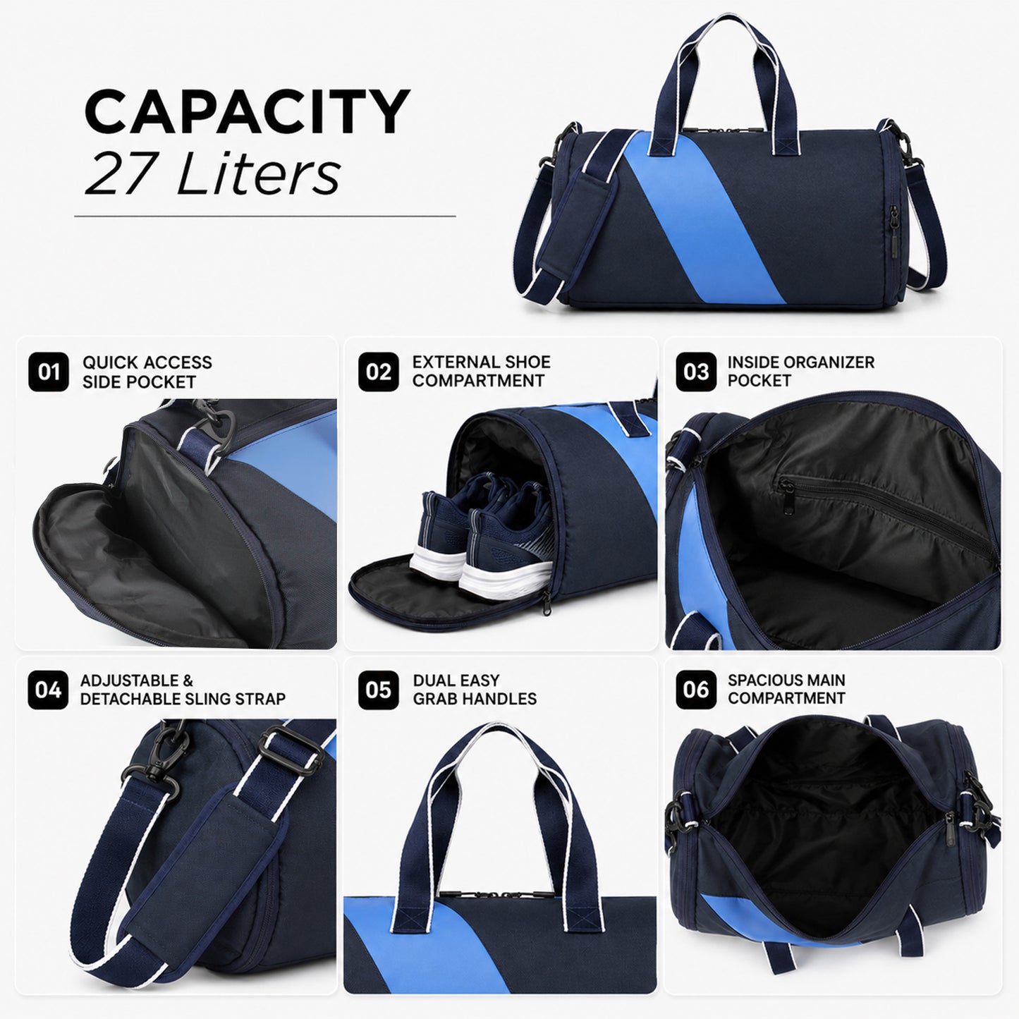 Tucsan Duffle Navy – 27L Gym, Travel & Daily Duffle Bag with Shoe Compartment