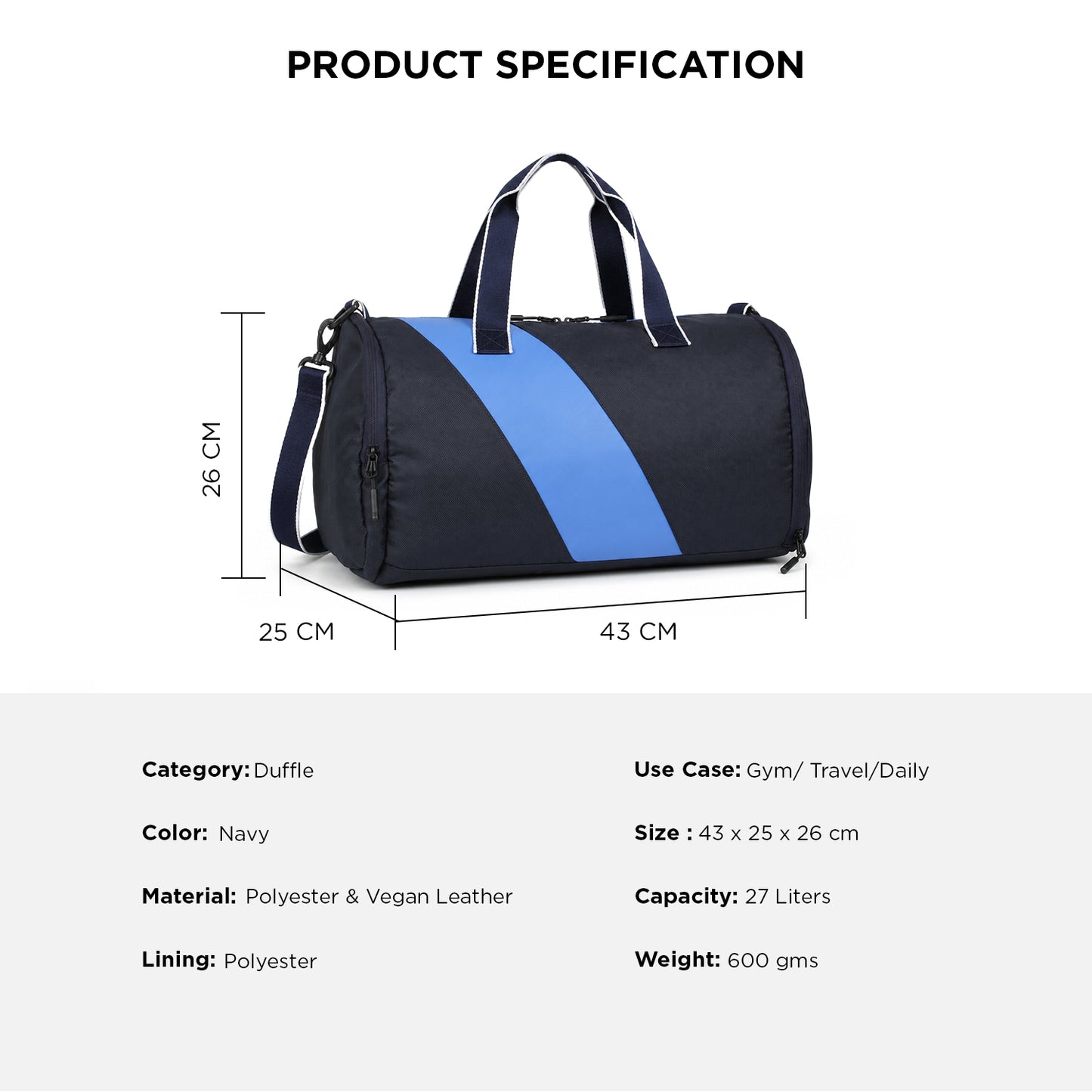 Tucsan Duffle Navy – 27L Gym, Travel & Daily Duffle Bag with Shoe Compartment