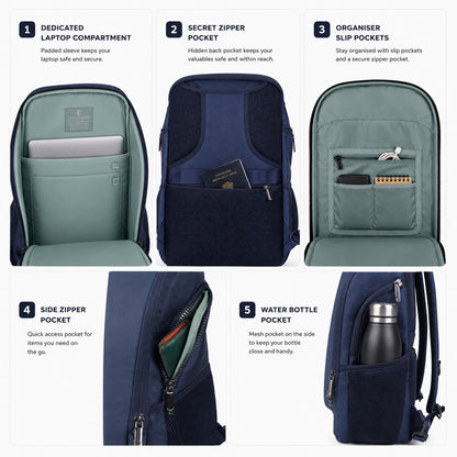 Vektor Pro Backpack – 23L Navy Vegan Leather Laptop Backpack for Office & Travel