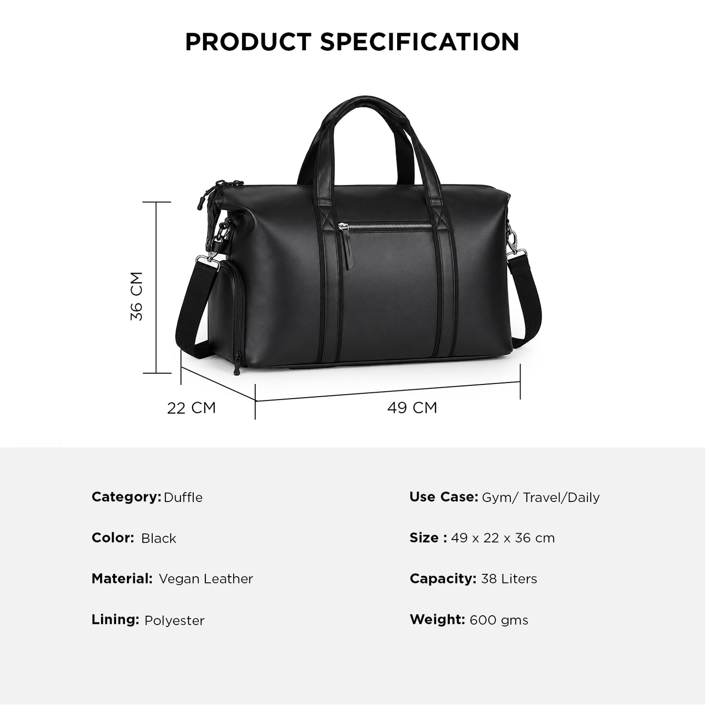 Wander Duffle – 38L Black Vegan Leather Gym, Travel & Daily Duffle Bag