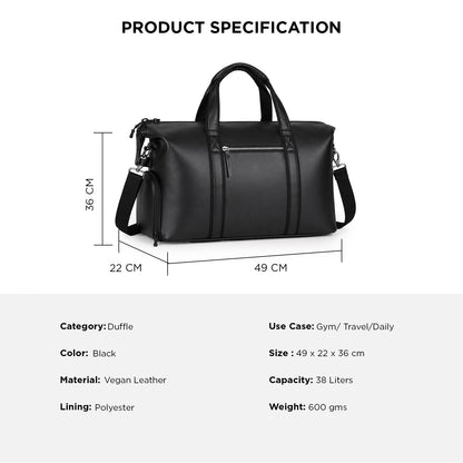 Wander Duffle – 38L Black Vegan Leather Gym, Travel & Daily Duffle Bag