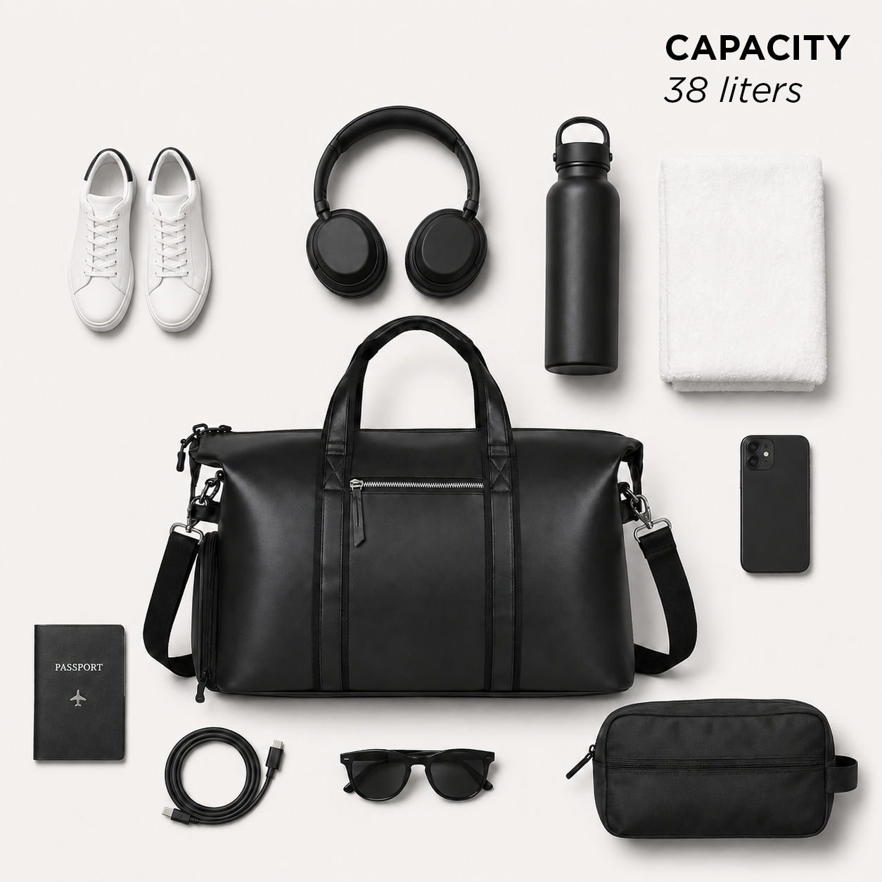 Wander Duffle – 38L Black Vegan Leather Gym, Travel & Daily Duffle Bag