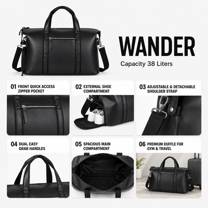 Wander Duffle – 38L Black Vegan Leather Gym, Travel & Daily Duffle Bag